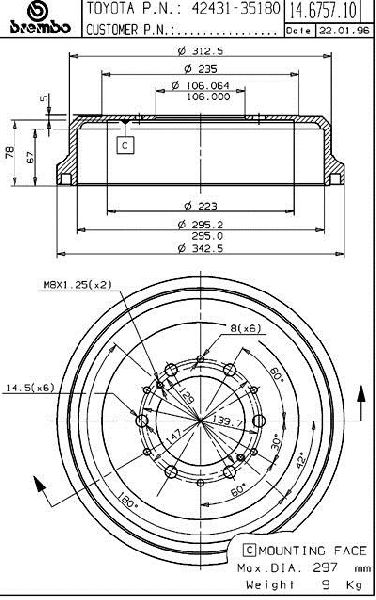 1993-1998 Toyota T100 Brake Drum - Rear (Brembo)