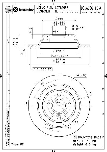 2007-2016 Volvo S80 Disc Brake Rotor - Rear (Brembo)