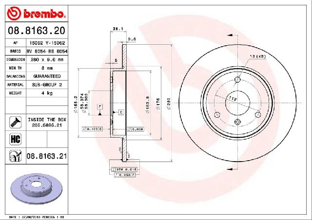 2008-2016 Smart Fortwo Disc Brake Rotor - Front (Brembo)