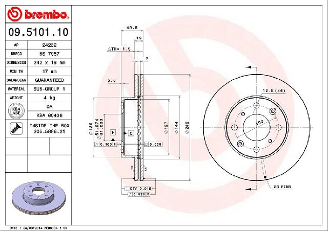 1985-1990 Honda Prelude Disc Brake Rotor - Front (Brembo)