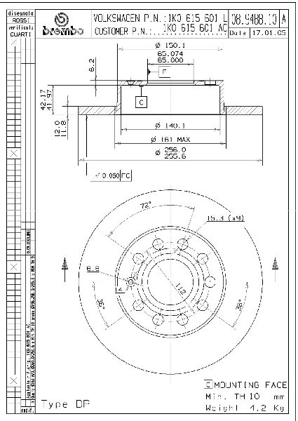2008-2013 Audi A3 Disc Brake Rotor - Rear (Brembo)
