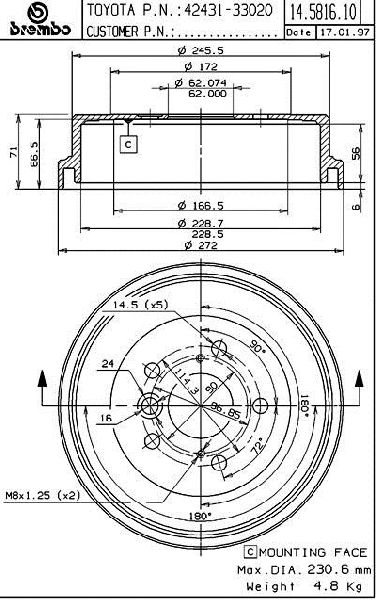 1999-2001 Toyota Solara Brake Drum - Rear (Brembo)
