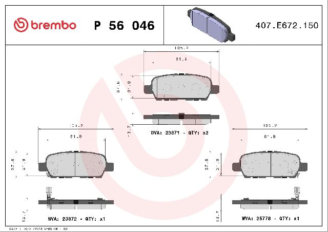 2011-2017 Nissan Juke Disc Brake Pad Set - Rear (Brembo)