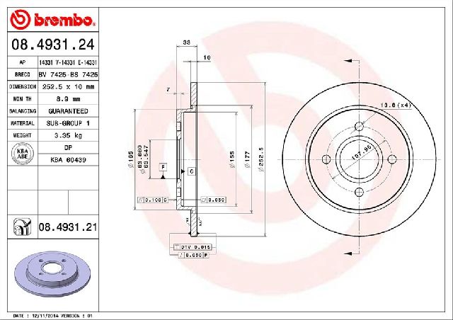 2014-2019 Ford Fiesta Disc Brake Rotor - Rear (Brembo)