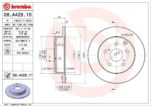 2010-2012 Lexus HS250h Disc Brake Rotor - Rear (Brembo)