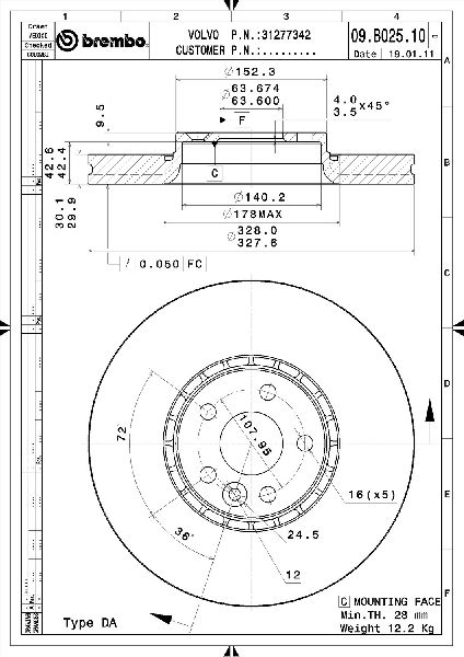 2010-2015 Volvo XC60 Disc Brake Rotor - Front (Brembo)