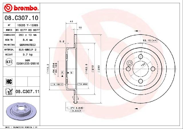 2007-2017 Mini Cooper Disc Brake Rotor - Rear (Brembo)