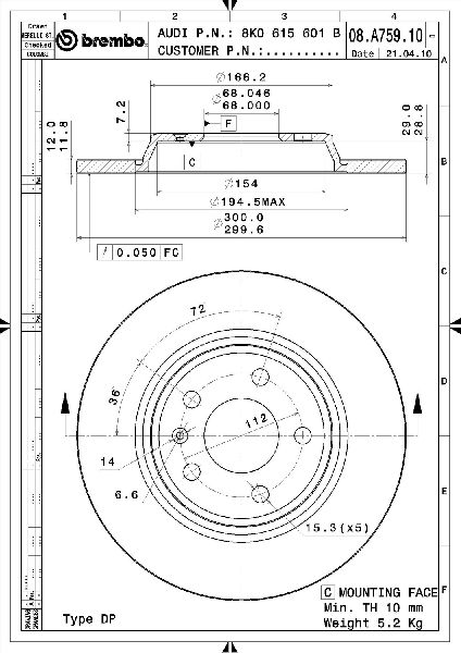 2009-2016 Audi A4 Disc Brake Rotor - Rear (Brembo)