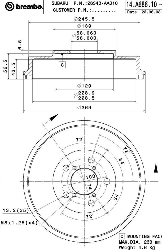 1999, 1998, 1997, 1996, 1995 Subaru Legacy Brake Drum