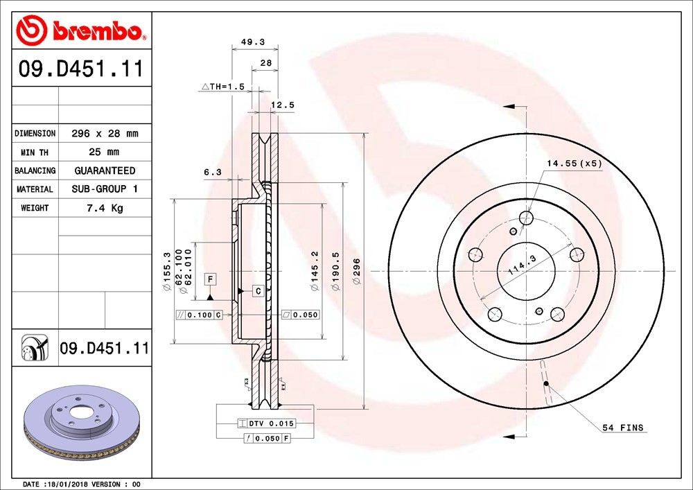 2018, 2017, 2016 Lexus ES350 Disc Brake Rotor