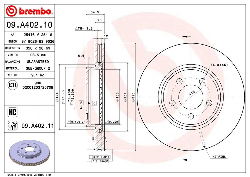 2020, 2019, 2018, 2017, 2016, 2015, 2014, 2013, 2012, 2011, 2010, 2009 Dodge Challenger Disc Brake Rotor