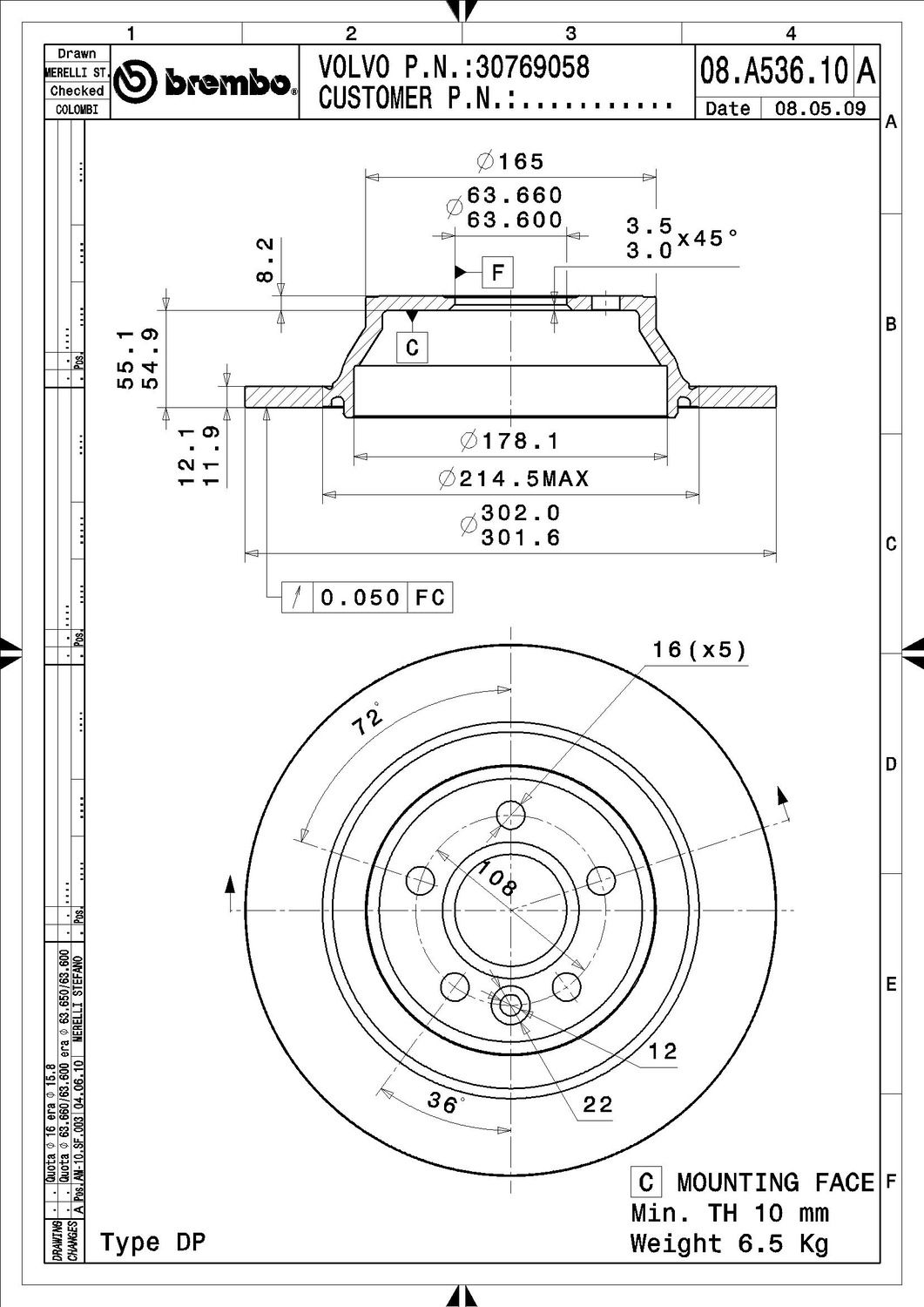 2016, 2015, 2014, 2013, 2012, 2011, 2010, 2009, 2008, 2007 Volvo S80 Disc Brake Rotor