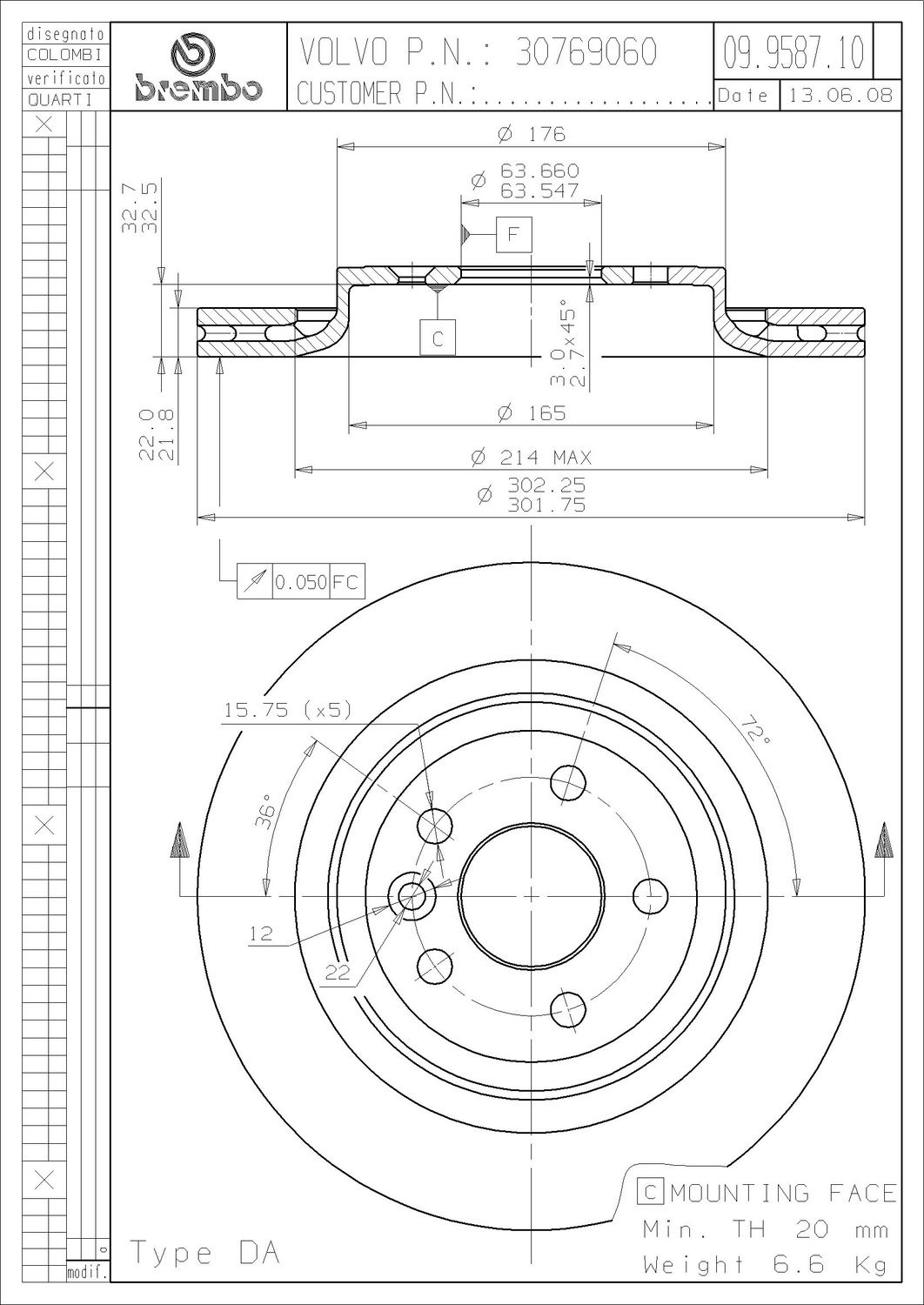 2016, 2015, 2014, 2013, 2012, 2011, 2010, 2009, 2008, 2007 Volvo S80 Disc Brake Rotor
