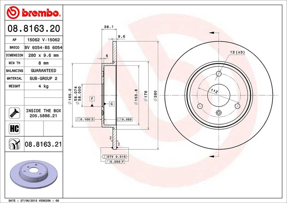 2016, 2015, 2014, 2013, 2012, 2011, 2010, 2009, 2008 Smart Fortwo Disc Brake Rotor