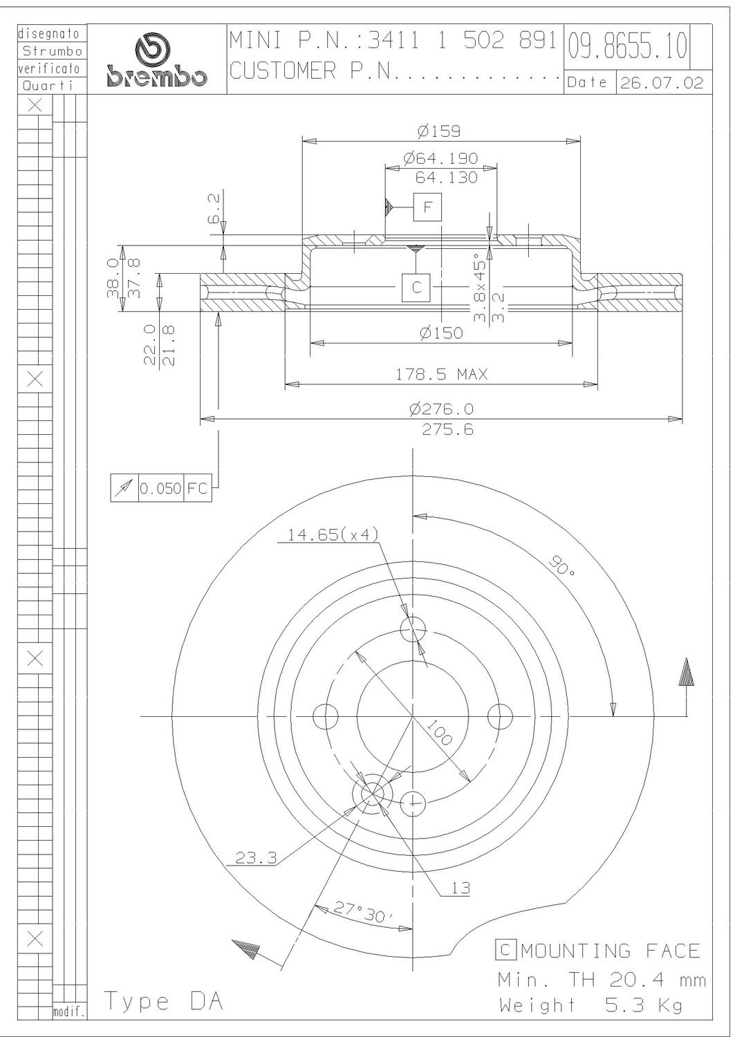 2007, 2006, 2005, 2004, 2003, 2002 Mini Cooper Disc Brake Rotor