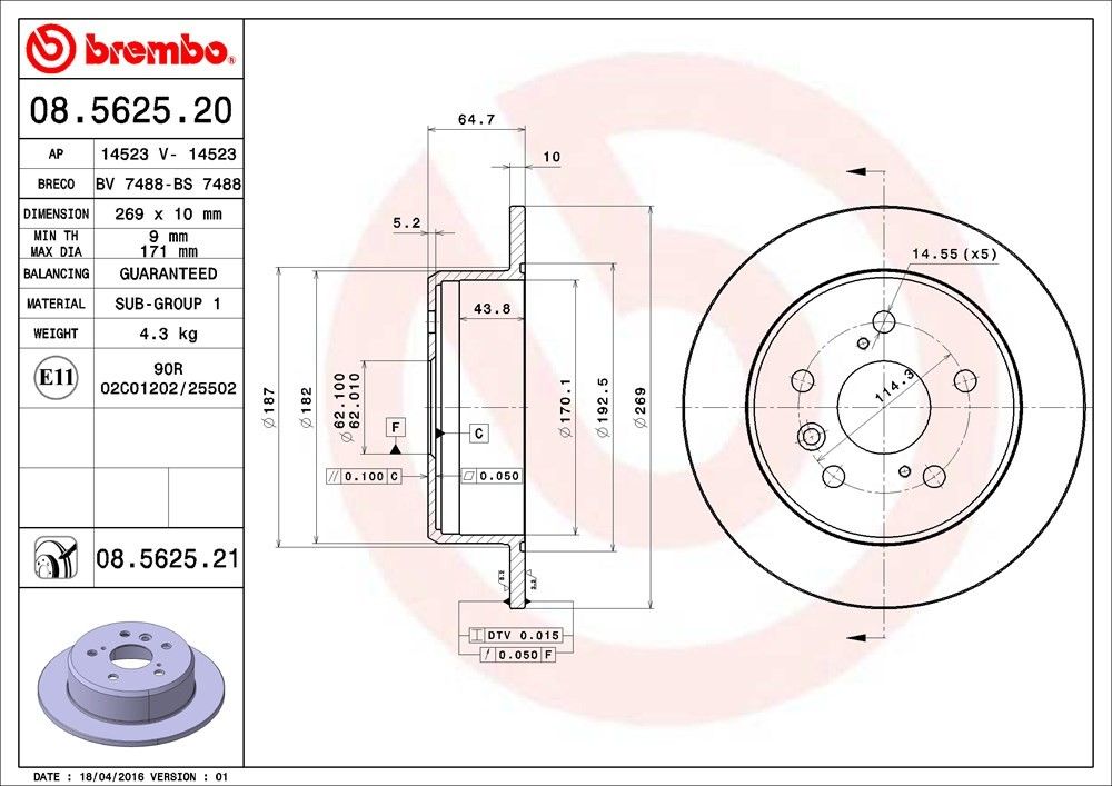 2001, 2000, 1999, 1998, 1997, 1996, 1995, 1994, 1993, 1992 Lexus ES300 Disc Brake Rotor