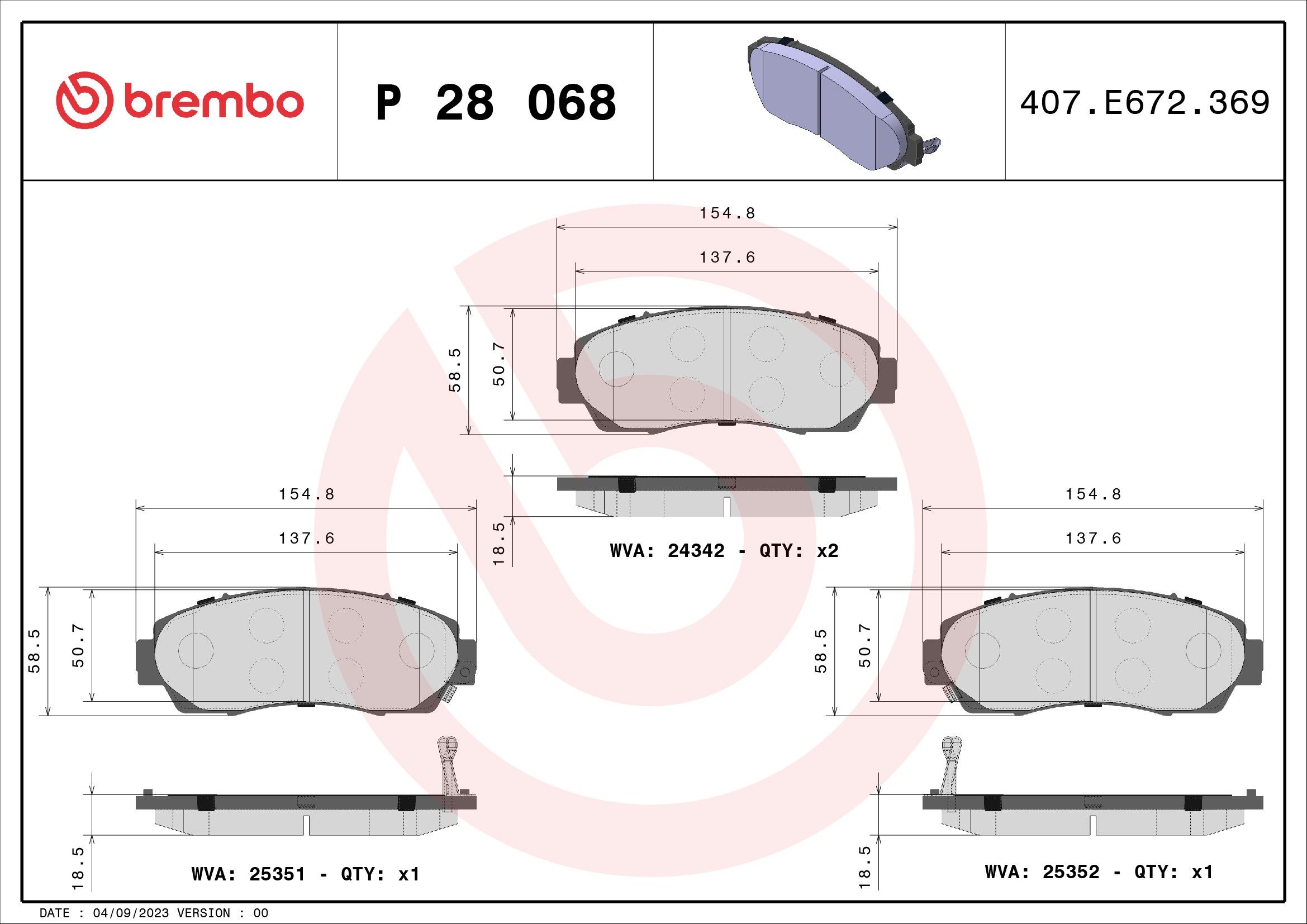 2019, 2018, 2017, 2016 Subaru Legacy Disc Brake Pad Set