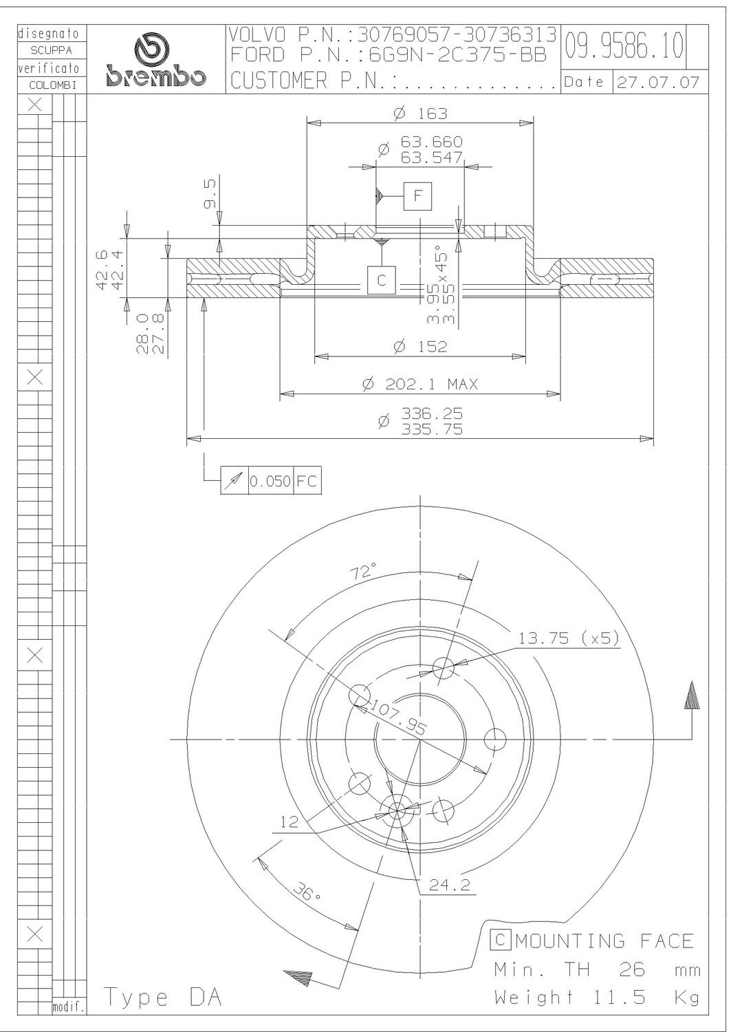 2016, 2015, 2014, 2013, 2012, 2011, 2010, 2009, 2008, 2007 Volvo S80 Disc Brake Rotor