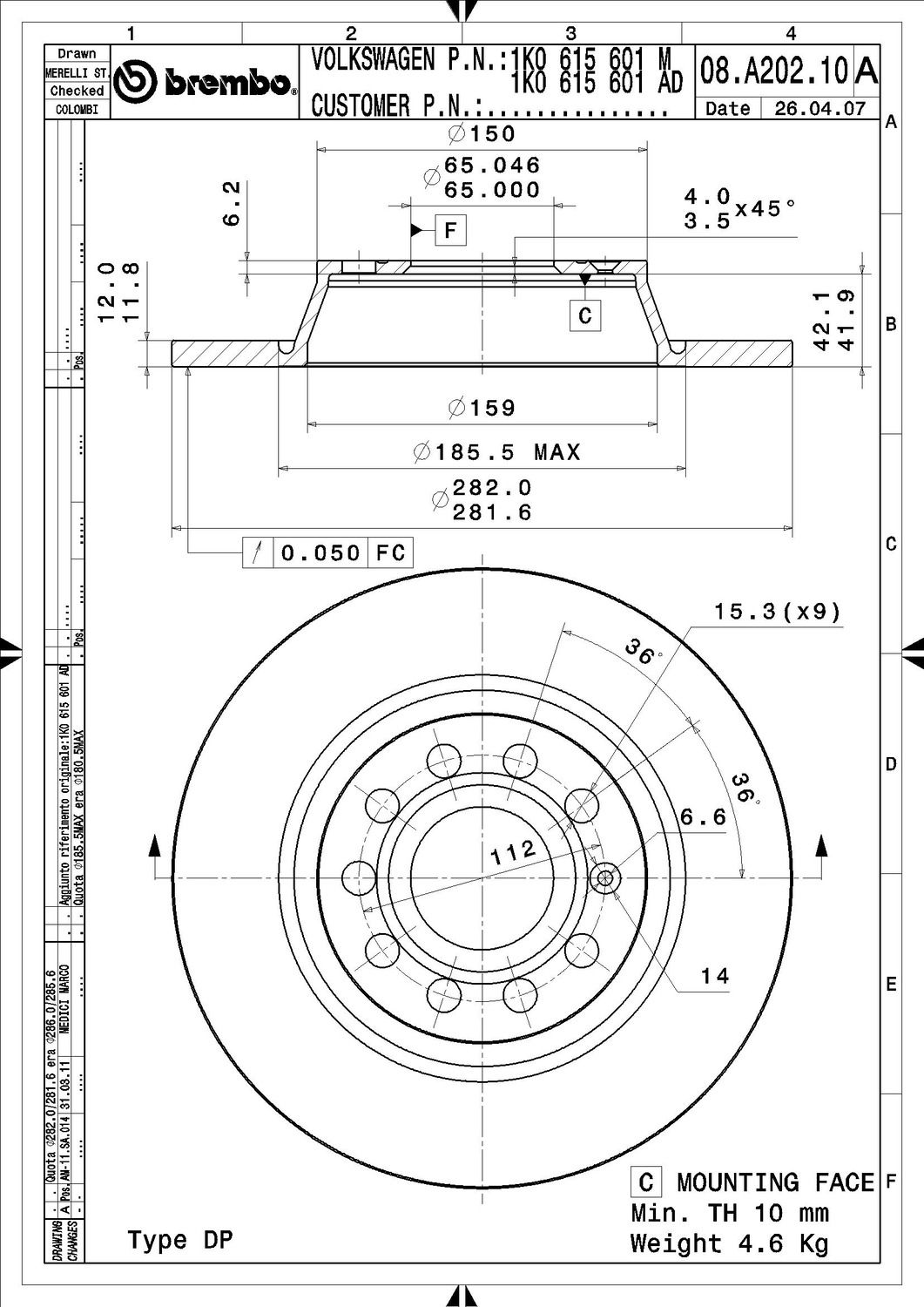 2009, 2008, 2007, 2006 Volkswagen Rabbit Disc Brake Rotor