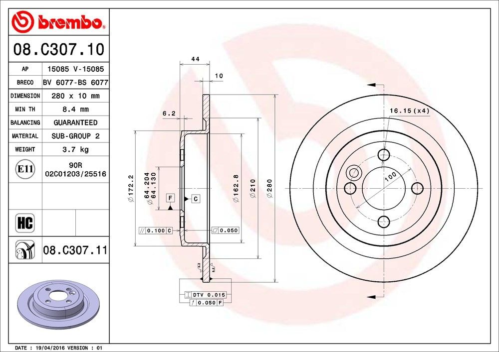 2017, 2016, 2015, 2014, 2013, 2012, 2011, 2010, 2009, 2008, 2007 Mini Cooper Disc Brake Rotor