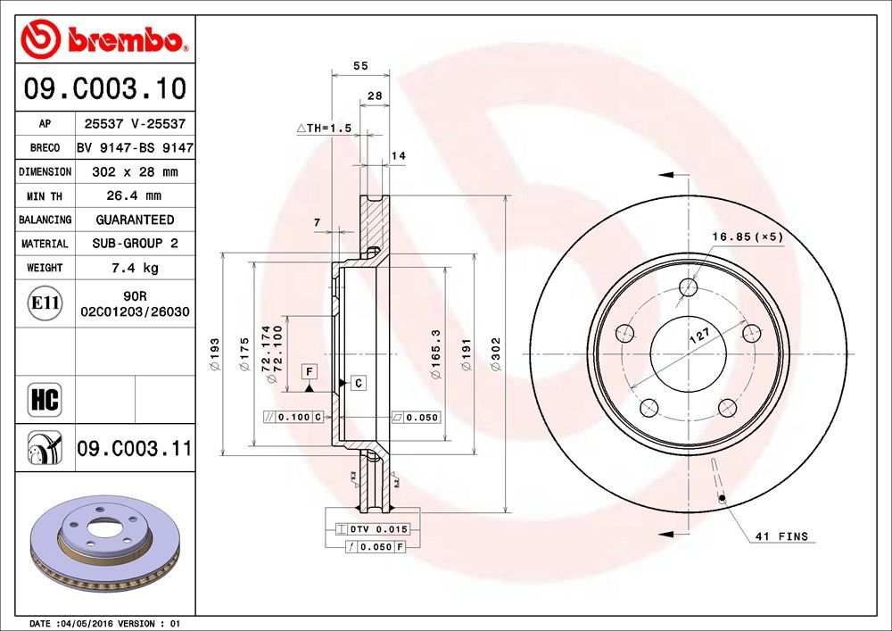 2017, 2016, 2015, 2014, 2013, 2012, 2011, 2010, 2009, 2008, 2007 Jeep Wrangler Disc Brake Rotor