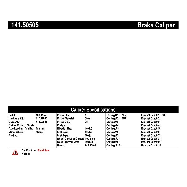 2014-2016 Kia Cadenza Disc Brake Caliper - Rear Right (Centric)