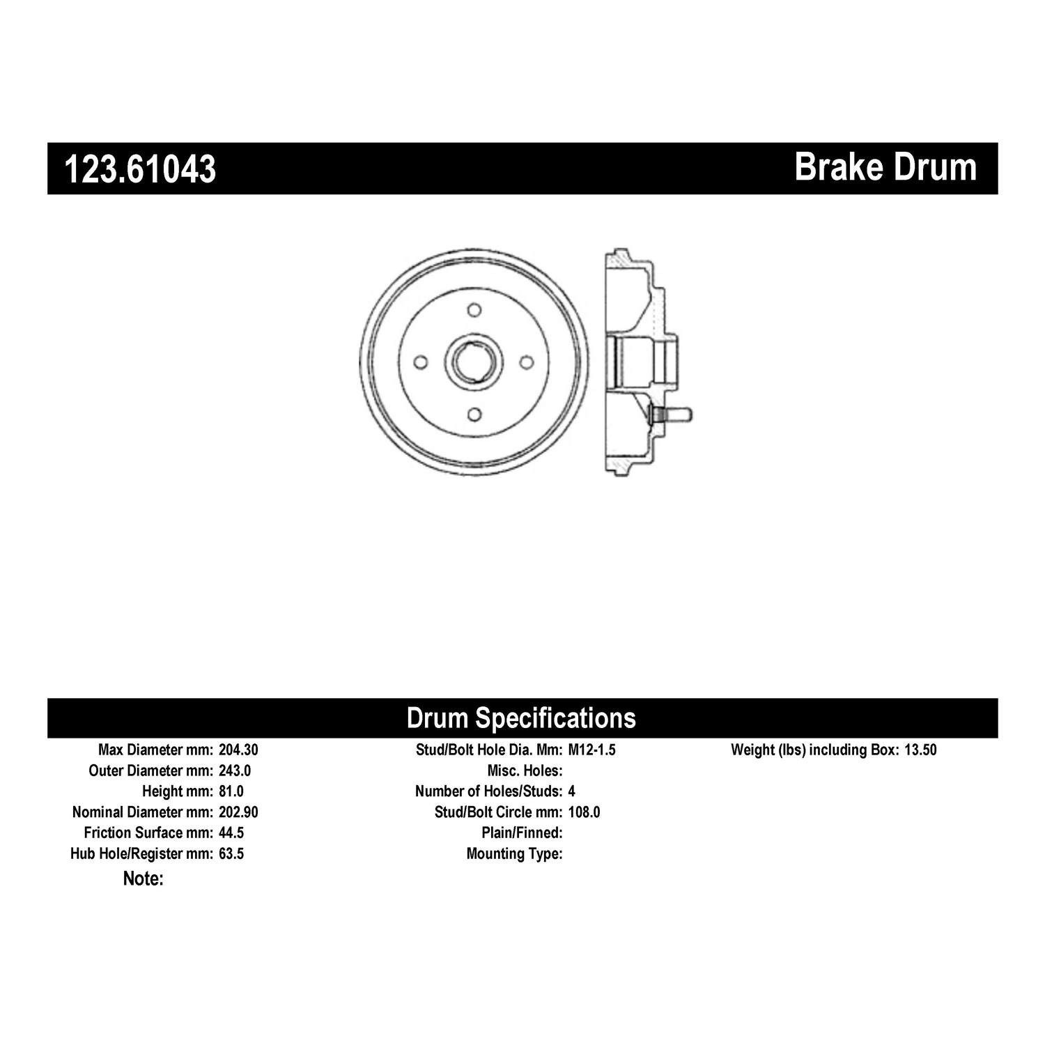 2008, 2007, 2006, 2005, 2004, 2003, 2002, 2001, 2000 Ford Focus Brake Drum