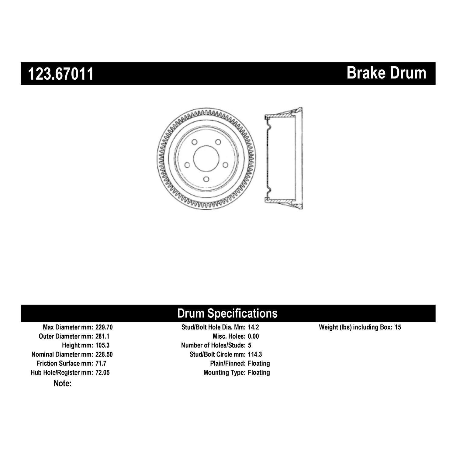 1995, 1994, 1993, 1992, 1991, 1990, 1989, 1988, 1987 Dodge Caravan & Country Brake Drum