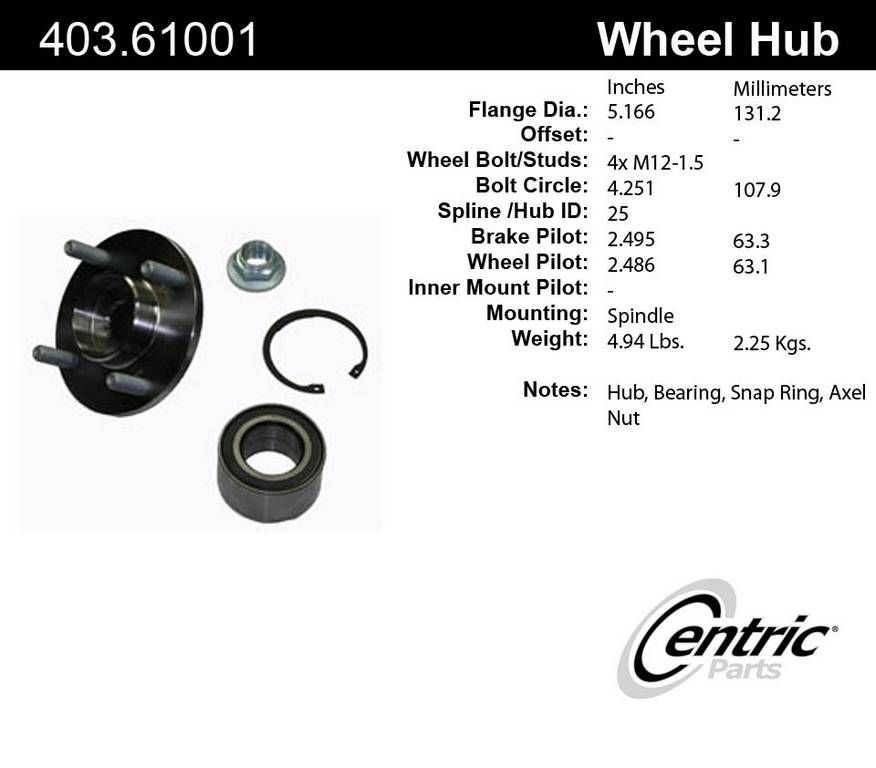 2011, 2010, 2009, 2008, 2007, 2006, 2005, 2004, 2003, 2002, 2001, 2000 Ford Focus Axle Bearing and Hub Assembly Repair Kit